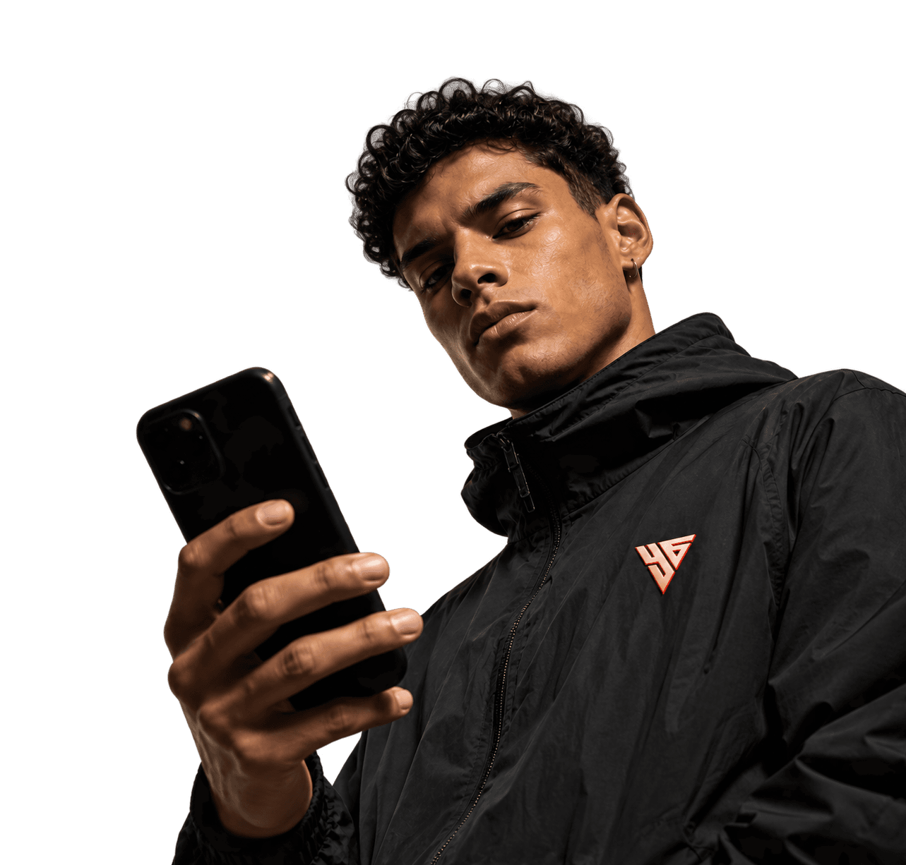 Campaign ambassador holding a phone, wearing the Yassine Geek mark