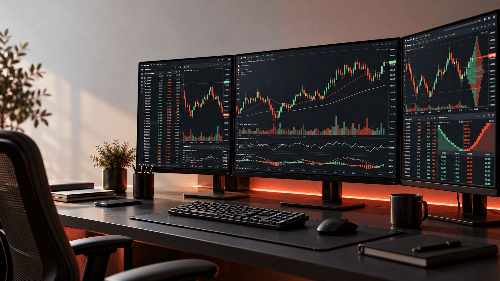 Professional trading workstation with candlestick charts