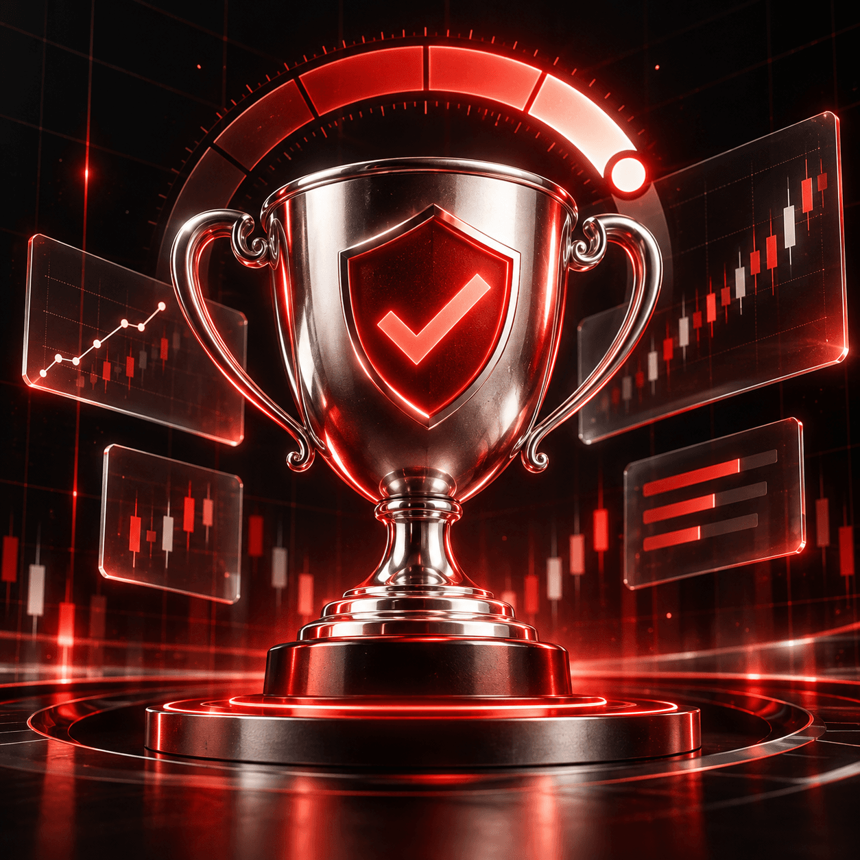 Red and chrome prop firm evaluation trophy with trading charts