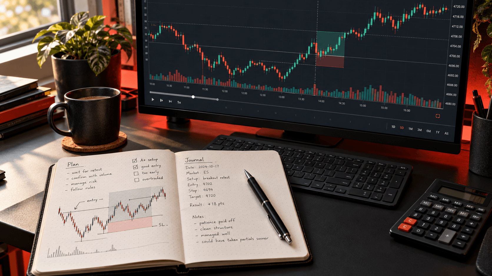Illustrative trading charts and trading journal